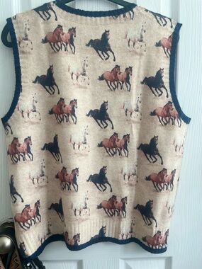 Horse Print Knit Vest in Beige with Navy Trim